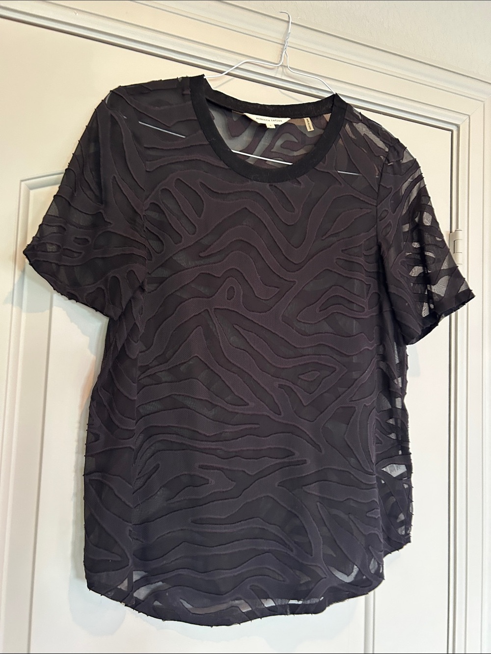 Rebecca Taylor Silk/ Cotton Black Short Sleeve See Through Leopard T-Shirt
